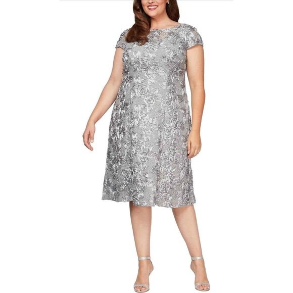 NWT Alex Evenings Womens Periwinkle Rosette Lace Sequin A Line Dress Size 22W - Picture 1 of 3